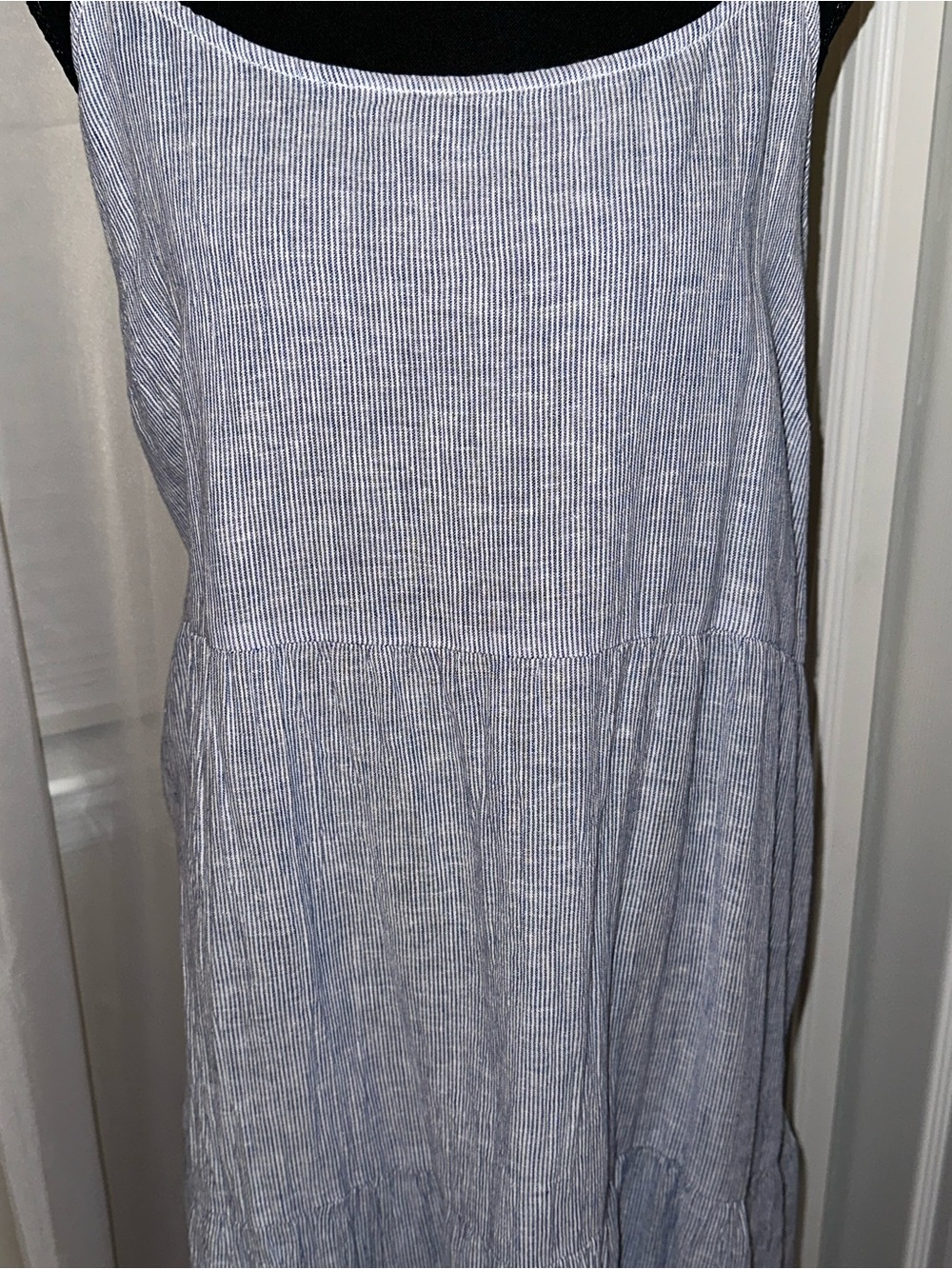 Women's Linen-Blend Blue Maxi Dress - Sleeveless Tiered Summer Dress - Picture 2 of 8
